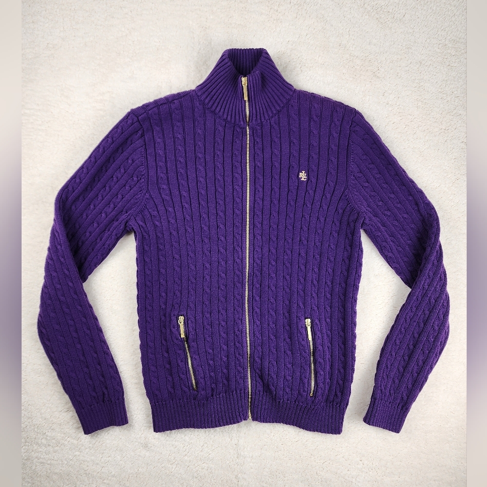 Ralph Lauren Purple Cable Knit Full Zip Sweater Cardigan RLL Embroidery Women's
